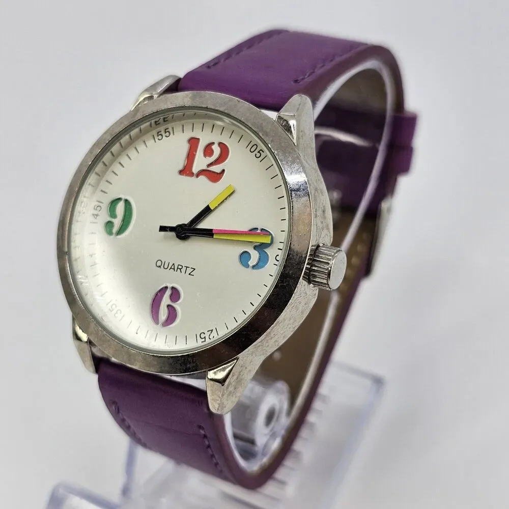 38MM Women's Watch White Dial Faux Purple Leather Bands‎ New Battery